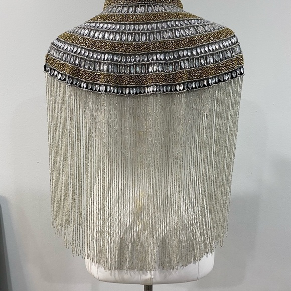 Silver and Gold Hand Beaded and Stoned Fringe Cape - Picture 3 of 6